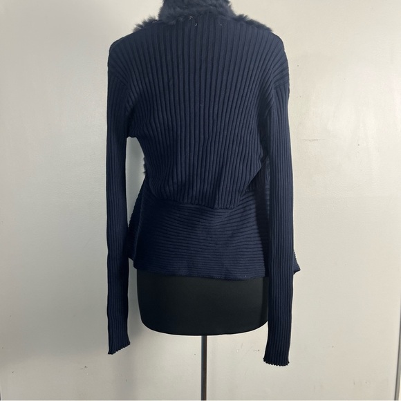 Neiman Marcus Navy Rabbit Fur detailed ribbed cardigan size medium - Picture 3 of 7